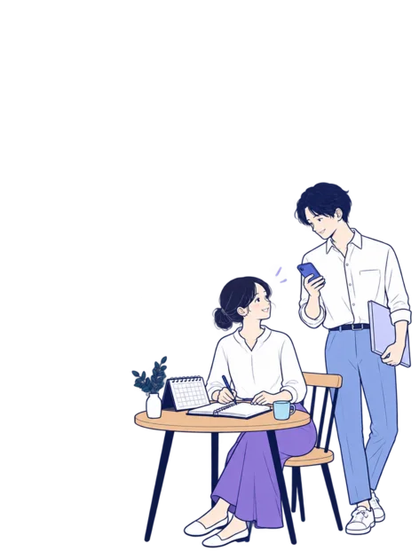 ノートとスマートフォンで働き方を考える男女